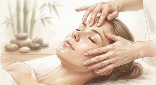 Manos expertas realizando movimientos suaves y rítmicos sobre un rostro sereno, con iluminación cálida y elementos naturales como bambú o piedras zen al fondo