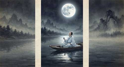 Li Bai contemplando el reflejo de la luna en el vino, ilustración estilo pintura china tradicional