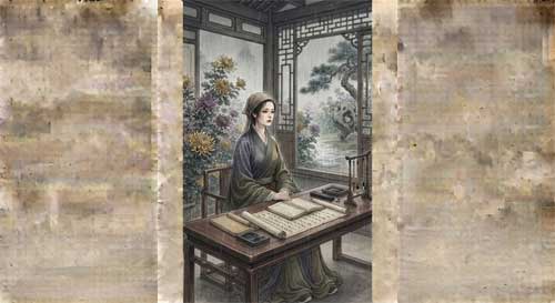 Li Qingzhao escribiendo en un día de lluvia, ilustración estilo pintura Song
