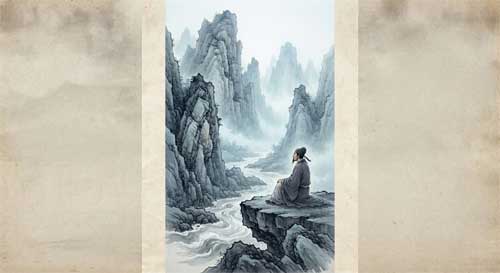 Liu Zongyuan contemplando un paisaje fluvial solitario, ilustración estilo pintura china