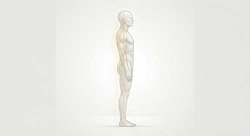 Ilustración esquemática y elegante de una columna vertebral alineada correctamente, con líneas de energía fluyendo verticalmente y una silueta humana en postura erguida y serena