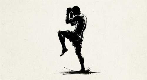 Silueta de un luchador de Muay Thai en postura de guardia alta, estilo minimalista