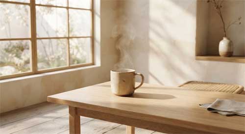 Ilustración minimalista de una taza de té humeante sobre una superficie de madera suave, con luz natural filtrada creando sombras delicadas