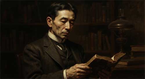 Retrato artístico en claroscuro de un hombre intelectual japonés de principios del siglo XX, con expresión melancólica y mirada introspectiva, rodeado de sombras suaves