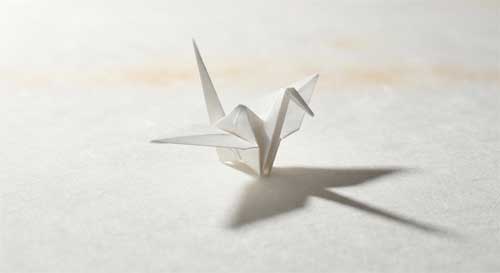 Grulla de origami blanca sobre fondo minimalista con sombras suaves que sugieren movimiento