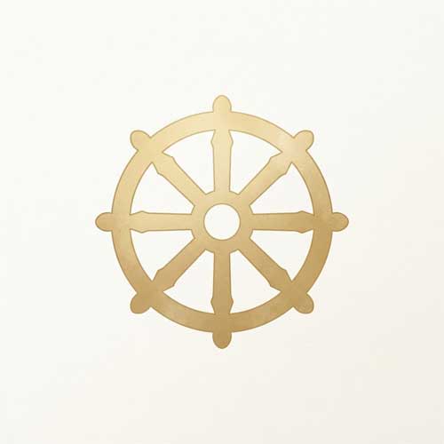 Ilustración minimalista de una rueda del Dharma dorada sobre un fondo limpio, simbolizando las enseñanzas centrales del Buda más allá de la cultura popular