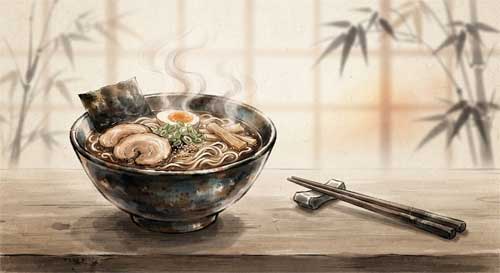 Cuenco de ramen minimalista con vapor ascendente, estilo tinta