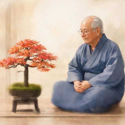 Un maestro de bonsái de edad avanzada observando con serenidad un pequeño arce japonés en una maceta sencilla, en un jardín tranquilo con luz suave de mañana