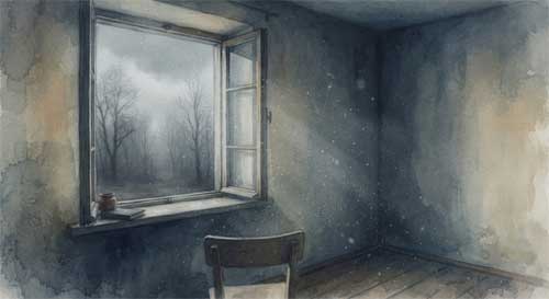 Ilustración melancólica de una ventana abierta en una habitación oscura, con luz grisácea entrando y siluetas de árboles desnudos al fondo