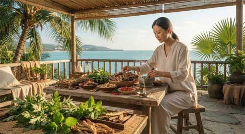 Escena serena de una sesión de acupuntura tradicional en una terraza abierta frente al mar en Sanya, con hierbas medicinales secándose al sol en primer plano