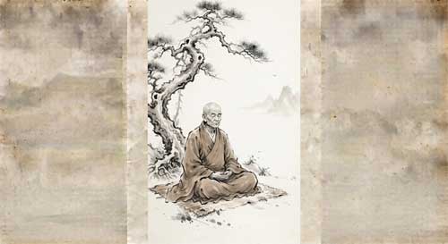 Sengcan meditando bajo un árbol, ilustración estilo pintura Chan minimalista
