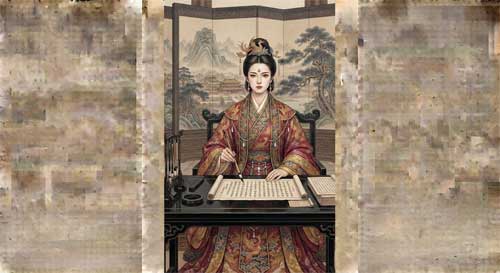 Lady Shangguan revisando documentos imperiales, ilustración estilo pintura Tang