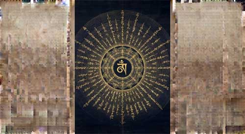 Representación visual de la vibración del mantra, ilustración estilo Shingon