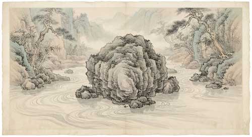 Gran roca gris estable en medio de un arroyo fluente, agua rodeándola suavemente, simbolizando la inmutabilidad en el cambio, estilo pintura china paisajística serena