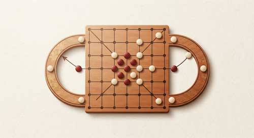 Tablero de Surakarta con sus característicos bucles laterales y fichas dispuestas para el juego