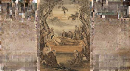 El Buda Shakyamuni en el momento del Parinirvana, ilustración estilo budista