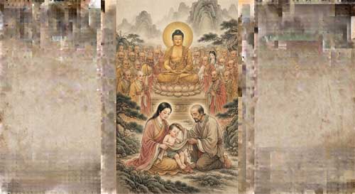 Ilustración del Sutra de la Bondad de los Padres, estilo rollo budista