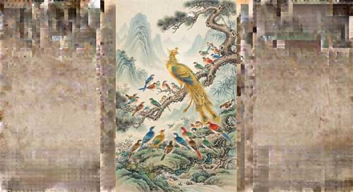 El Rey de los Pájaros enseñando a su bandada, ilustración estilo budista