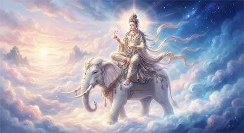 Bodhisattva Samantabhadra montando un elefante blanco de seis colmillos sobre nubes luminosas, sosteniendo una flor de loto o un sutra, con un aura serena y majestuosa