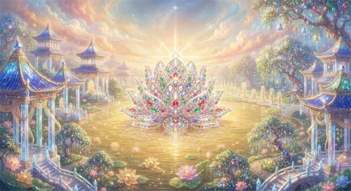Paisaje celestial de la Tierra Pura con estanques de joyas, árboles melodiosos y una luz dorada intensa emanando del Buda Amitabha en el centro, rodeado de bodhisattvas