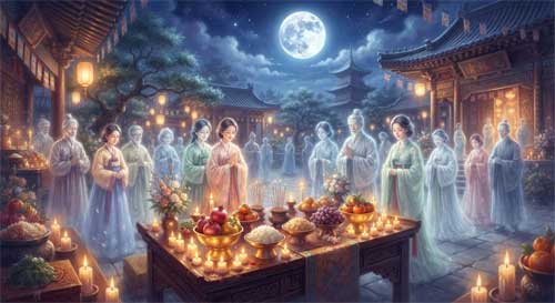 Monjes budistas realizando ofrendas de comida y luz en cuencos dorados bajo la luz de la luna llena, con figuras etéreas y serenas de antepasados recibiendo la bendición en el fondo