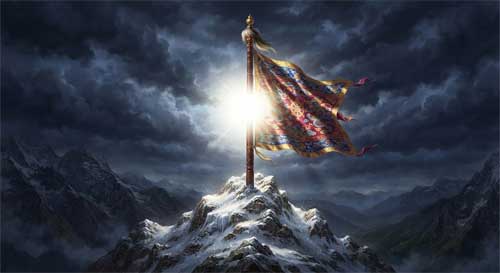 Un estandarte ceremonial dorado y rojo ondeando majestuosamente en la cima de una montaña nevada, irradiando una luz blanca pura que disipa nubes oscuras y sombras下方的