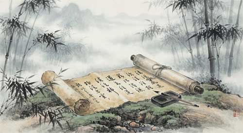 Pergamino antiguo enrollado parcialmente con caracteres chinos caligráficos del Dao, rodeado de bambú y niebla matinal en estilo tinta china tradicional