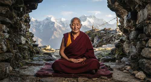 Monja budista tibetana con vestimenta tradicional marrón y amarilla sentada en meditación frente a una cueva rocosa en alta montaña, paisaje nevado de fondo, luz suave de amanecer, expresión serena y determinada