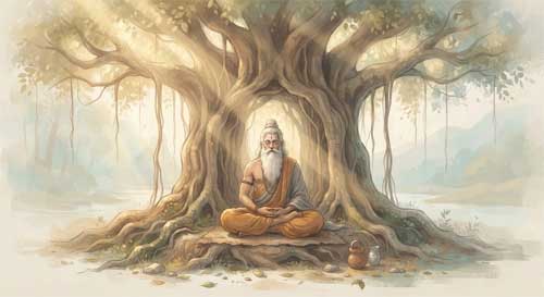 Sabio hindú anciano meditando bajo un árbol bodhi, con una luz dorada suave emanando de su cabeza, simbolizando la realización del Atman