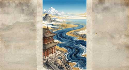 Vista del Río Amarillo desde la Torre del Alce Amarillo, ilustración estilo Wang Zhihuan