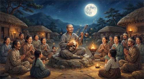 Monje coreano sencillo tocando un cuenco de hueso humano bajo la luna, rodeado de gente común del pueblo, simbolizando la enseñanza accesible y la no dualidad de Wonhyo