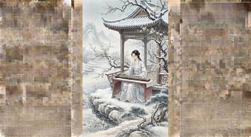 Wu Shuji tocando el guqin bajo la nieve, ilustración estilo pintura Song