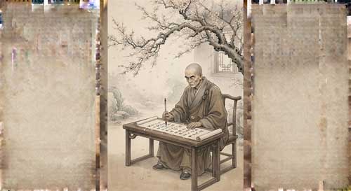 Maestro Xuedou componiendo versos Zen, ilustración poética