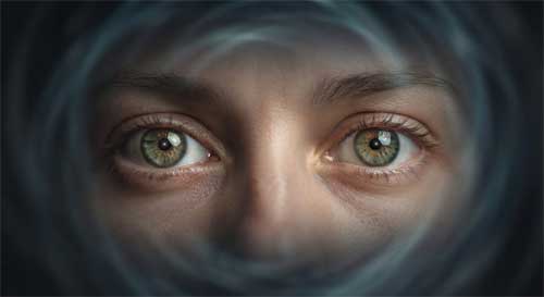 Primer plano intenso pero sereno de unos ojos enfocados al frente, con un fondo desenfocado que sugiere movimiento y energía circular