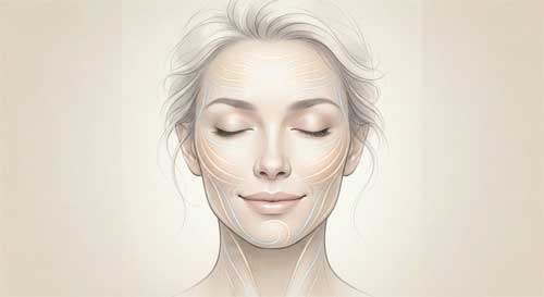Ilustración suave de un rostro femenino realizando un ejercicio de estiramiento suave, con líneas sutiles que indican el movimiento muscular hacia arriba y afuera
