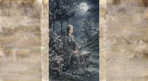 Yu Xuanji en un jardín nocturno, ilustración estilo pintura china Tang