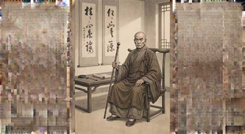 Retrato del Maestro Yuanwu Keqin, ilustración estilo Chan