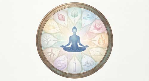 Ilustración artística de un reloj circular dividido en 12 segmentos, cada uno con un símbolo orgánico suave (pulmón, intestino, etc.) y una silueta humana meditativa en el centro