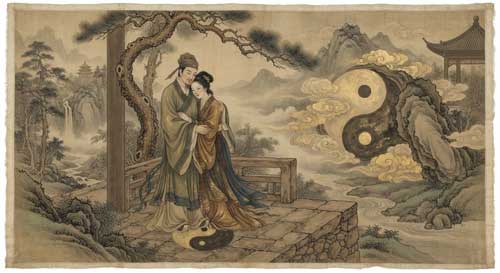 Pintura antigua china estilo shunga pero más sutil, mostrando pareja en abrazo armonioso con símbolos taoístas de fondo