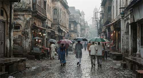 Escena urbana antigua de la India con calles empedradas y arquitectura colonial, atmósfera gris y nostálgica