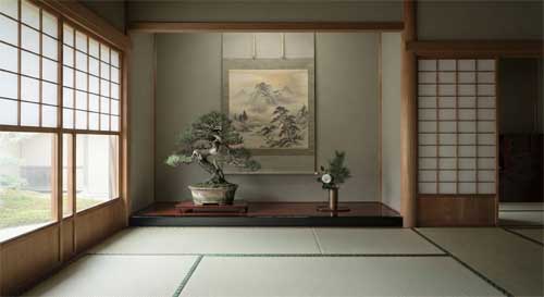 Interior de una residencia noble japonesa con tatamis y un alcove tokonoma mostrando un bonsái elegante