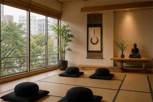 Centro de meditación zen en Buenos Aires con tatamis y caligrafía, ambiente sereno y urbano