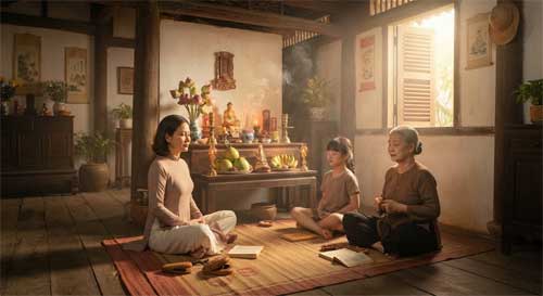 Interior de una casa vietnamita tradicional donde una familia practica meditación y recitación frente al altar, con luz natural entrando suavemente, mostrando la práctica completa en el ámbito doméstico