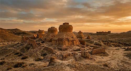 Ruinas antiguas de estupas budistas en un paisaje árido iraní, con luz dorada de atardecer