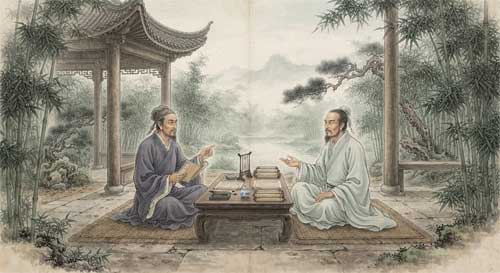 Dos eruditos chinos sentados frente a frente en pabellón tranquilo, rodeados de pilas de pergaminos y bambú, discutiendo textos filosóficos con gestos serenos, estilo pintura china elegante