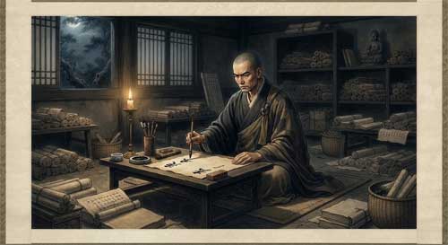 Monje chino antiguo escribiendo con determinación bajo luz de vela, rodeado de pergaminos, expresión de convicción intelectual profunda, estilo pintura histórica tang seria