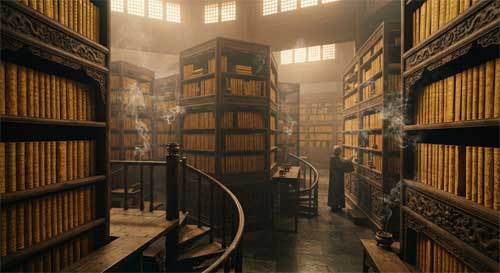 Estanterías infinitas de madera oscura llenas de volúmenes encuadernados en seda amarilla con caracteres chinos dorados, incienso humeante y luz cálida filtrándose desde arriba, atmósfera reverente de biblioteca sagrada tradicional china