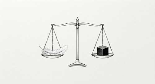 Representación abstracta de una balanza equilibrando una pluma (vacuidad) y una piedra (lógica), estilo minimalista