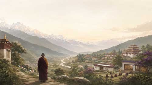 Maestro tibetano con vestimenta tradicional en un jardín tranquilo, representando la continuidad del budismo tibetano en el exilio