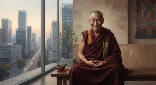 Retrato artístico de un maestro tibetano en un entorno urbano moderno, con luz suave y expresión serena, simbolizando la conexión entre tradición y modernidad